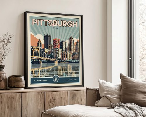 Framed art print of Pittsburgh cityscape featuring buildings and a bridge over water.