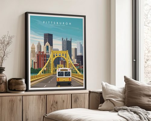 Art print of Pittsburgh featuring the city skyline and a yellow bridge with a bus in the foreground.