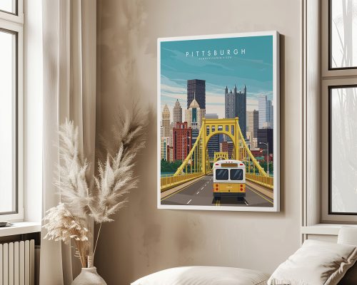 Illustration of Pittsburgh skyline with a yellow bridge and a bus in the foreground.