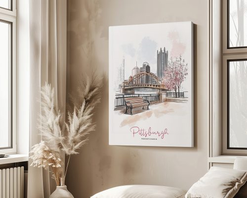 Illustration of Pittsburgh featuring buildings and a bench with trees in a light color palette.