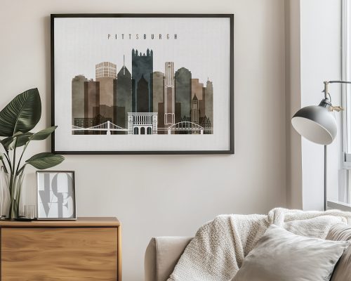 Art print of Pittsburgh skyline featuring various buildings and structures in muted colors.