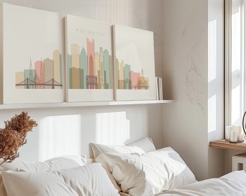 Three canvas prints of Pittsburgh skyline in muted colors displayed on a shelf above a bed.