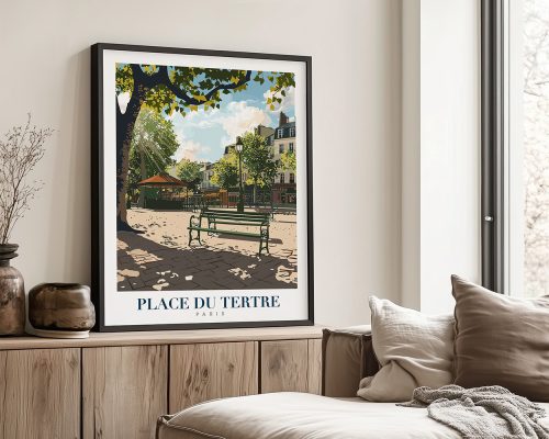 Art print of Place du Tertre in Paris featuring a park scene with a bench and trees.