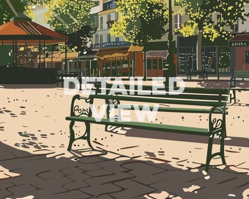 Green park bench in an outdoor setting with trees and buildings in the background.