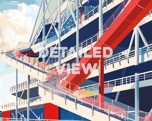 Illustration of the Pompidou Centre featuring colorful escalators and structural elements.