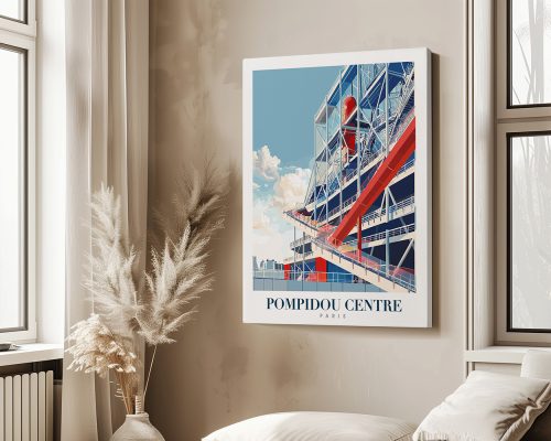 Art print of the Pompidou Centre in Paris featuring a modern architectural design.