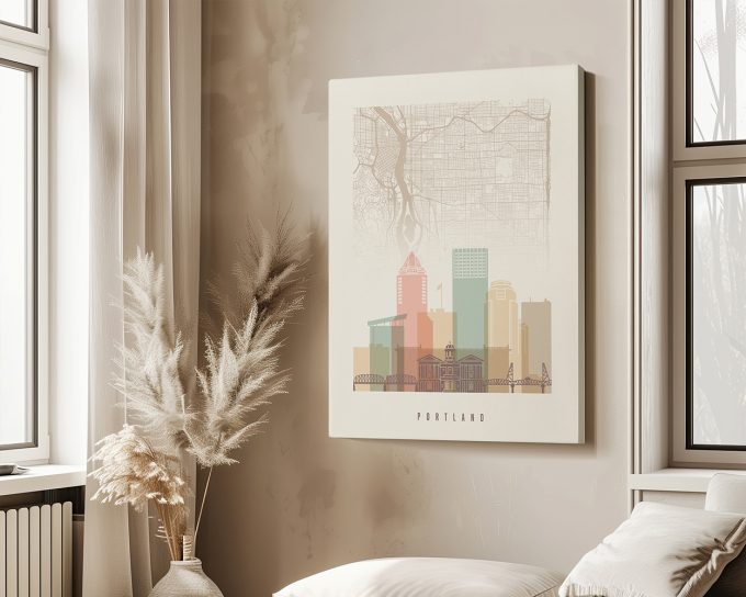 Art print of a map of Portland with a stylized city skyline illustration.