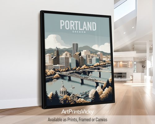 Portland skyline travel poster in smooth colors by ArtPrintsVicky