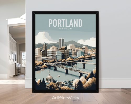 Portland skyline travel poster in smooth colors by ArtPrintsVicky