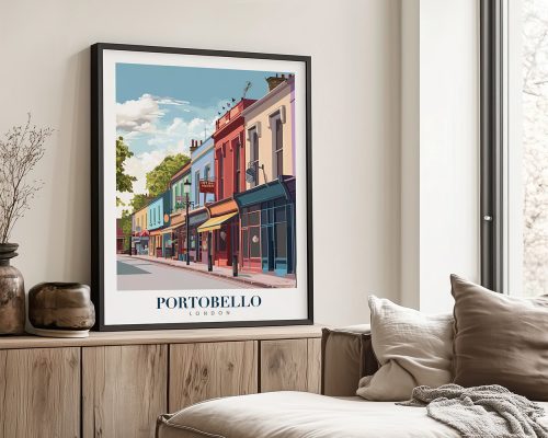 Art print featuring colorful buildings along Portobello Street in London with a clear blue sky.