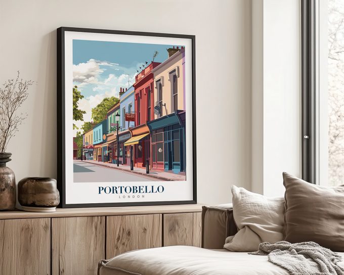 Art print featuring colorful buildings along Portobello Street in London with a clear blue sky.