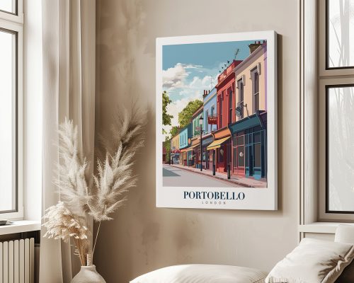 Art print featuring colorful buildings along Portobello Road in London with a blue sky.