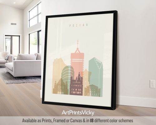 Art print featuring a stylized cityscape of Poznan, Poland with notable buildings and landmarks.