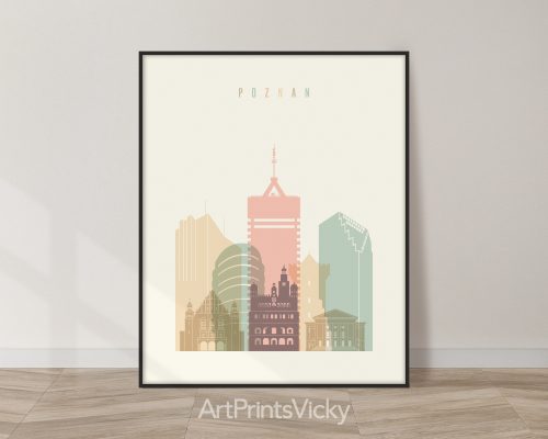 Art print featuring a stylized cityscape of Poznan with various building silhouettes in pastel colors.