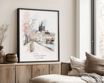 Illustration of Prague featuring the iconic Charles Bridge and historic buildings with cherry blossoms.
