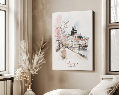 Illustration of Prague featuring buildings and trees along a riverbank with a bridge.