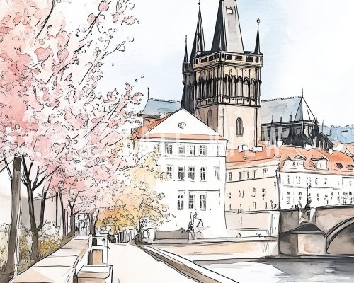 Illustration of Prague featuring historical buildings and cherry blossom trees along a riverbank.