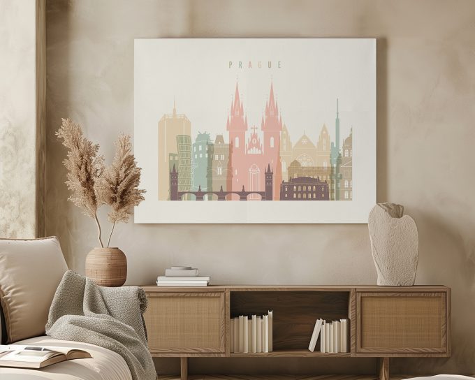 Art print featuring a stylized cityscape of Prague with notable buildings and landmarks.