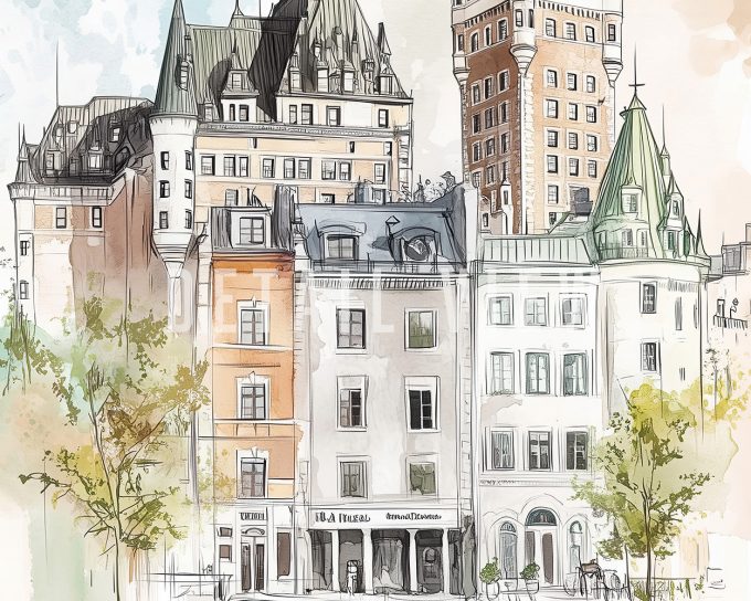 Illustration of various buildings in Quebec City with distinct architectural styles and colors.