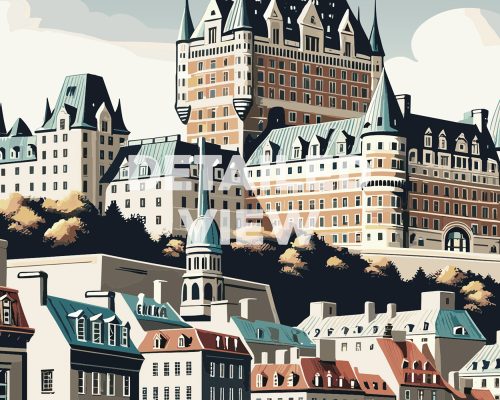 Illustration depicting various buildings and architectural styles in Quebec City.