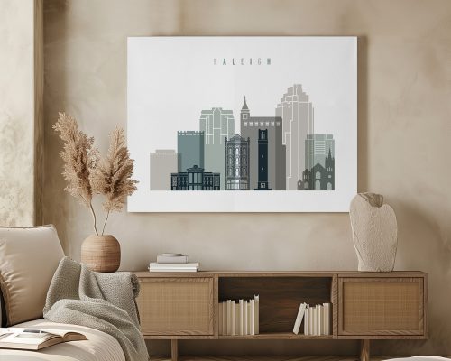 Art print of Raleigh city skyline featuring various buildings in muted colors.