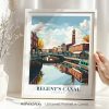Art print of Regent's Canal featuring buildings and a clock tower reflected in the water.