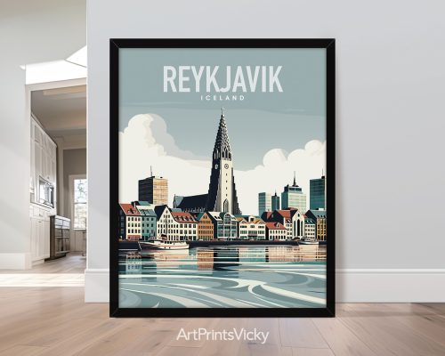 Reykjavik illustrated travel poster in smooth colors by ArtPrintsVicky