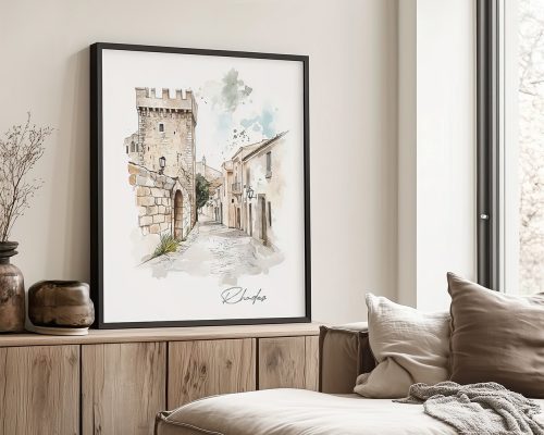 Framed watercolor drawing of a street in Rhodes with a castle and buildings.