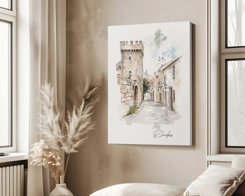 Watercolor illustration of a historic castle and a narrow street with buildings in a soft color palette.