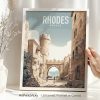 Art print featuring an illustration of Rhodes, Greece with a castle and archway.