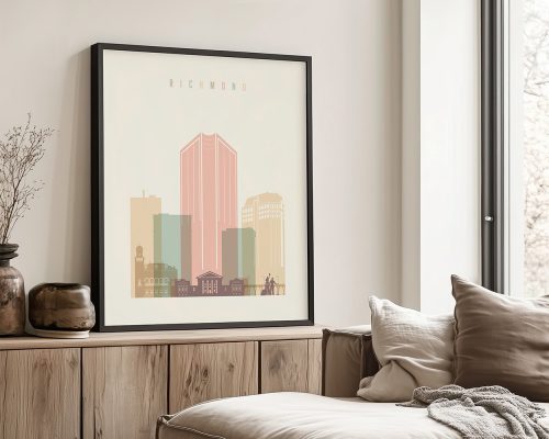 Art print featuring a stylized skyline of Richmond with various building silhouettes.