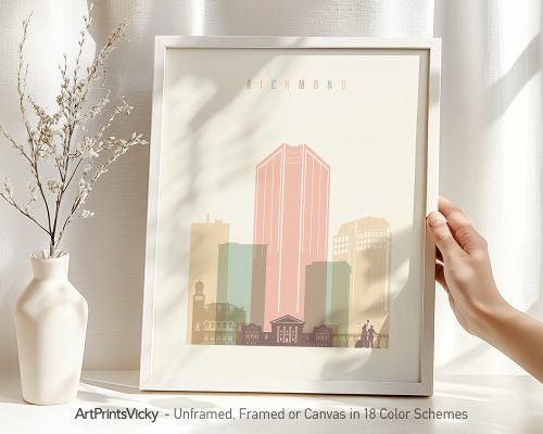 Framed artwork of Richmond cityscape featuring buildings in pastel colors.
