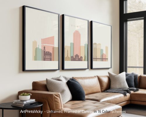 Three framed art prints depicting a stylized cityscape of Richmond with buildings in pastel colors.