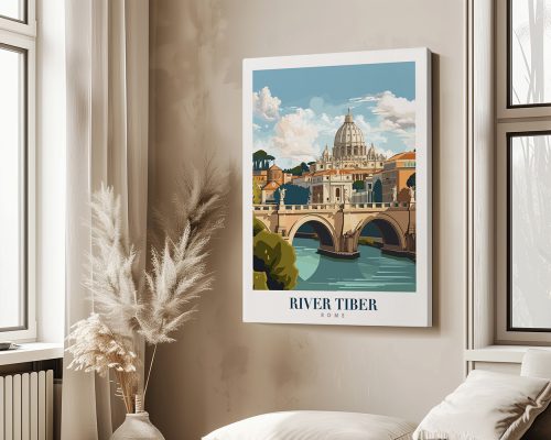 Art print of the River Tiber with St. Peter's Basilica in the background, featuring a blue sky and greenery.