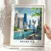 Art print depicting the Riverwalk in Chicago with skyscrapers and greenery.