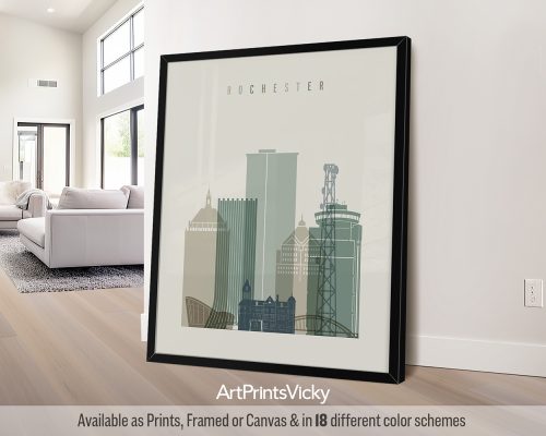 Art print featuring a stylized illustration of Rochester, New York's skyline with notable buildings.