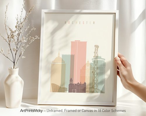 Art print of Rochester, NY featuring stylized buildings and landmarks in soft colors.