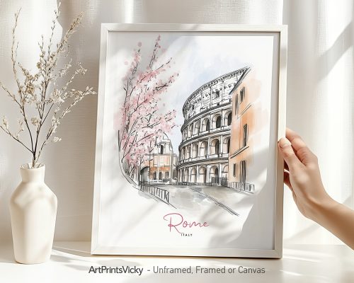 Artistic illustration of the Colosseum in Rome with pink cherry blossoms in a frame.