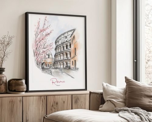 Artistic drawing of the Colosseum in Rome with pink cherry blossoms and a soft color palette.