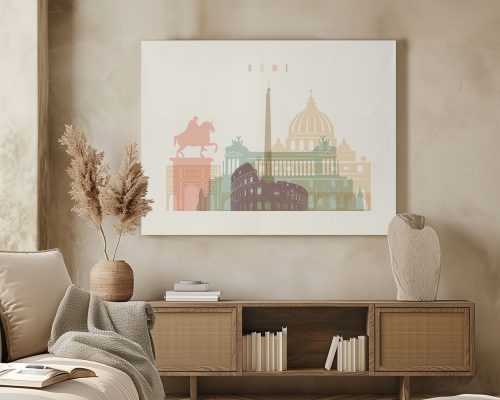 Illustration of iconic landmarks in Rome, including the Colosseum and St. Peter's Basilica.