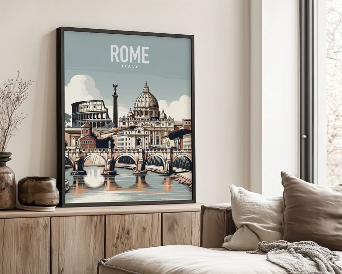 Framed artwork depicting iconic landmarks of Rome, Italy, with a river and bridge in the foreground.