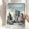 Art print featuring a stylized cityscape of Rotterdam, Netherlands with buildings and boats.
