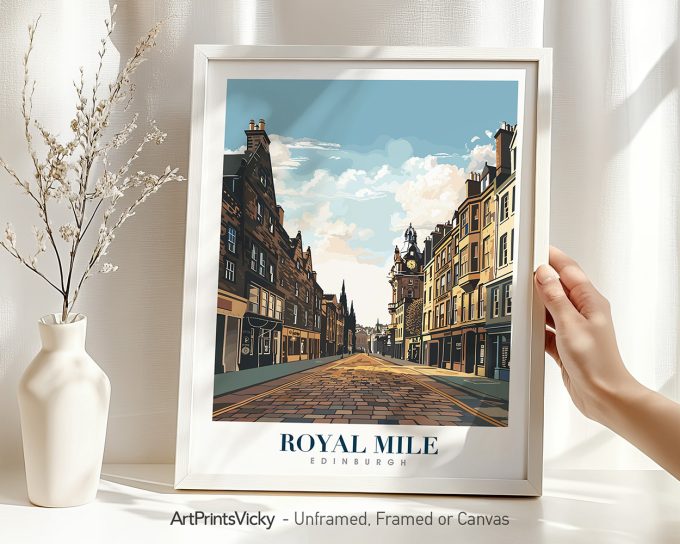 Art print of the Royal Mile in Edinburgh featuring buildings and cobblestone street.