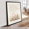 Map of Saint Louis featuring key landmarks and a skyline illustration in a neutral color palette.