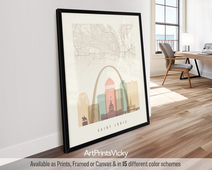 Map of Saint Louis featuring key landmarks and a skyline illustration in a neutral color palette.