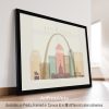 St. Louis landscape skyline featuring the Gateway Arch, historic cityscape, and vibrant cityscape in a warm pastel cream style, by ArtPrintsVicky.