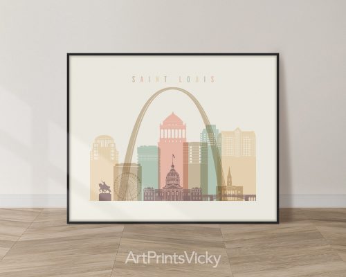 St. Louis landscape skyline featuring the Gateway Arch, historic cityscape, and vibrant cityscape in a warm pastel cream style, by ArtPrintsVicky.