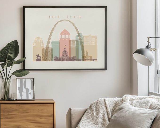 St. Louis modern cityscape horizontal wall art poster in warm pastels featuring city’s iconic landmarks. Available in 18 color schemes framed, unframed or canvas by ArtPrintsVicky.