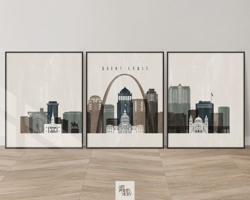 St. Louis modern skyline triptych featuring the Gateway Arch, iconic landmarks, and vibrant cityscape in a textured and vintage Distressed 2 style, divided into three contemporary prints. by ArtPrintsVicky.