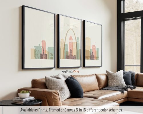 St. Louis skyline triptych featuring the Gateway Arch, iconic landmarks, and vibrant cityscape in a warm, vintage-inspired Pastel Cream palette, divided into three minimalist prints. by ArtPrintsVicky.